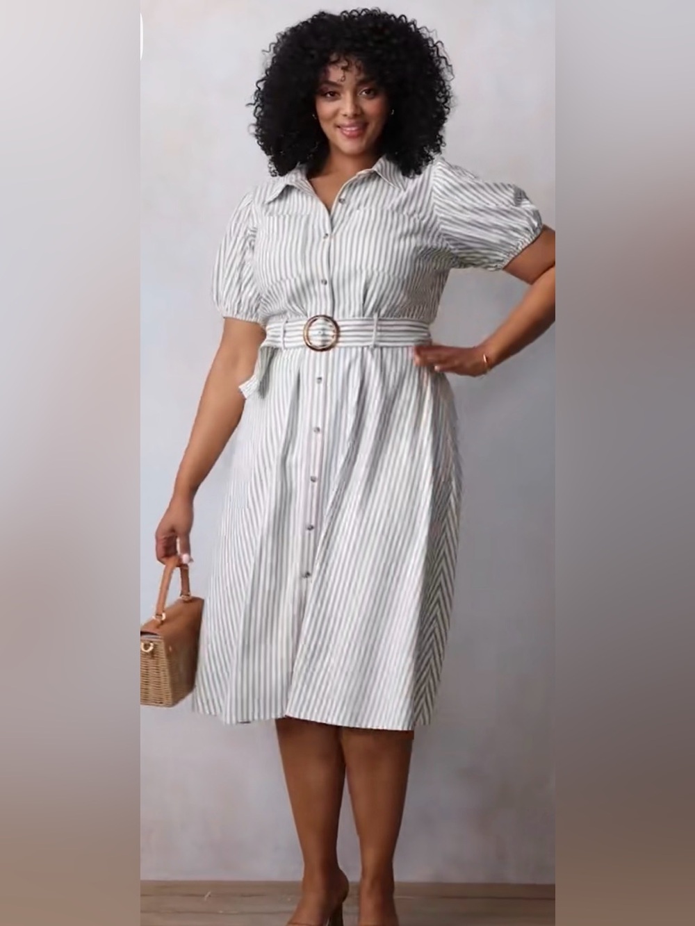 LC Lauren Conrad White and Light Green Striped Belted Midi Linen Dress Size 1X